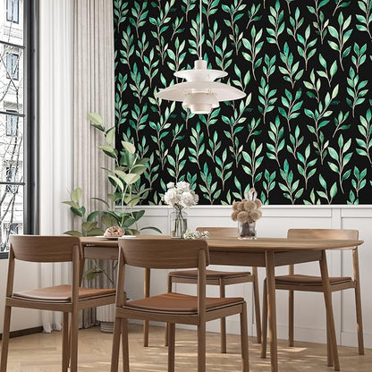 Fvlow Green Floral Wallpaper Peel and Stick Black Leaf Contact Paper 17.4" x 118" Vintage Leaf Wallpaper Waterproof Self-Adhesive Wall Covering for Bedroom Countertop Desk Cabinets Decor