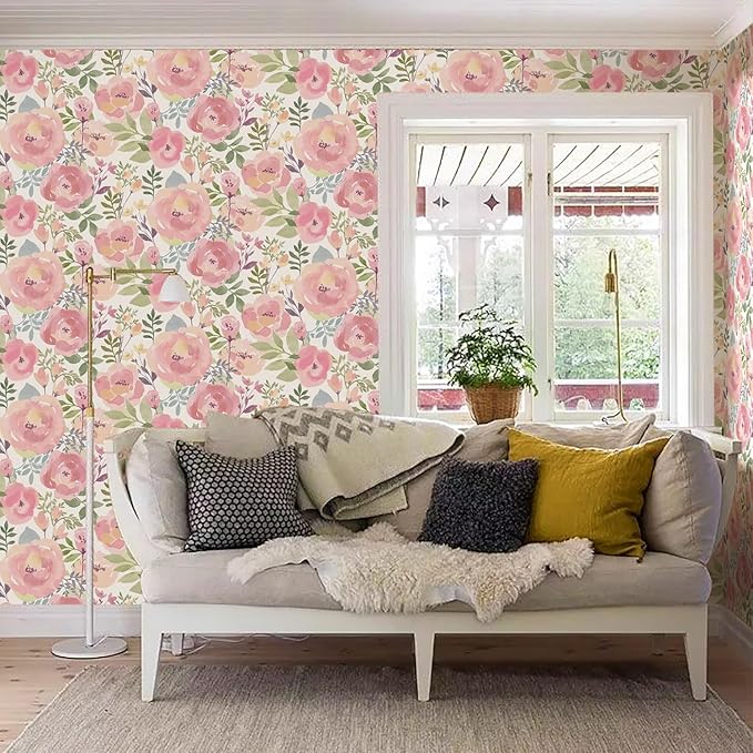 Orainege Floral Wallpaper Peel and Stick Wallpaper 16.9in x118.1in Peony Floral Contact Paper Removable Self Adhesive Wall Paper for Cabinets Walls Shelf Liner, Peachy