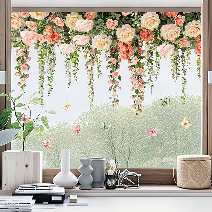 Vivid Roses Wall Stickers, Hanging Vine Floral Wall Decals Butterfly Sticker, Peel and Stick Wallpaper for Baby Nursery Girls Bedroom Living Room Decor