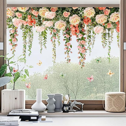 Vivid Roses Wall Stickers, Hanging Vine Floral Wall Decals Butterfly Sticker, Peel and Stick Wallpaper for Baby Nursery Girls Bedroom Living Room Decor