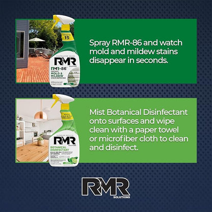 RMR Stain & Sanitation System –Instant Mold & Mildew Stain Remover + Botanical Disinfectant Cleaner, Indoor/Outdoor Cleaning Kit for Kitchens, Bathrooms, Furniture, Siding, & Deck, 2–32 Oz Bottles