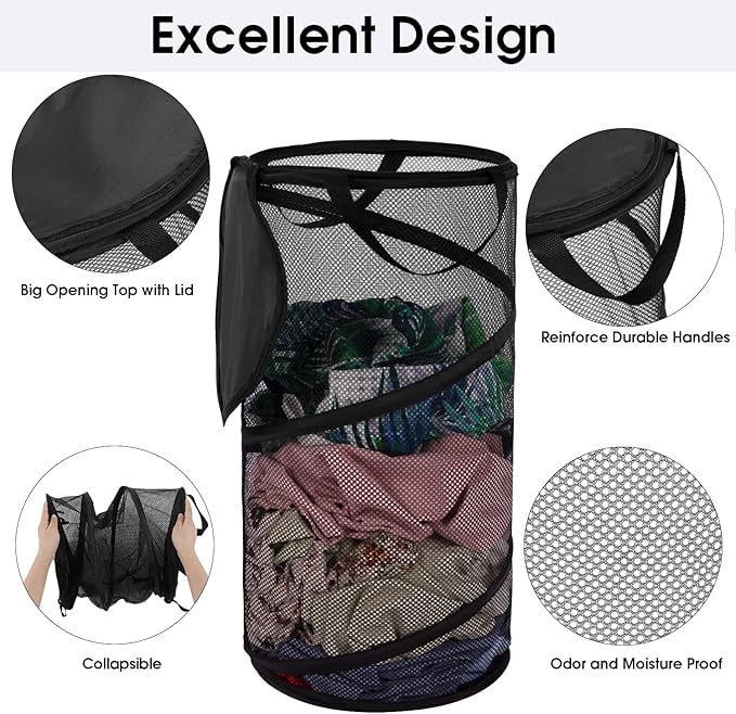 BATTOO Collapsible Laundry Basket with Lid Foldable Mesh Pop Up Hamper with Handles for Laundry Room, Bathroom, Kids Room, College Dorm, Travel, Storage Organizer Black