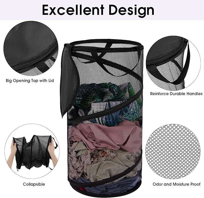 BATTOO 2 Pack Collapsible Laundry Basket with Lid Foldable Mesh Pop Up Hamper with Handles for Laundry Room, Bathroom, Kids Room, College Dorm, Travel, Storage Organizer Black+White
