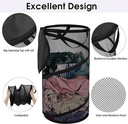BATTOO 2 Pack Collapsible Laundry Basket with Lid Foldable Mesh Pop Up Hamper with Handles for Laundry Room, Bathroom, Kids Room, College Dorm, Travel, Storage Organizer Black+White