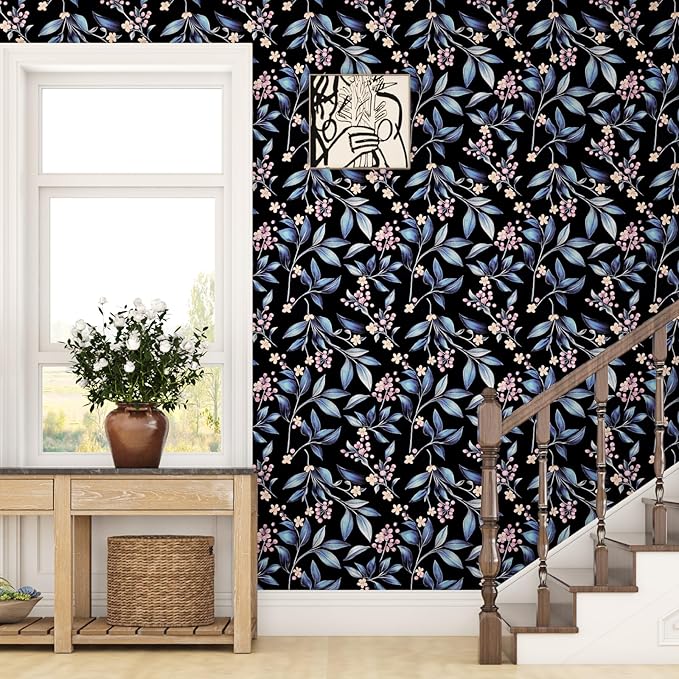 Dark Peel and Stick Wallpaper Vintage, Black Blue Leaf Removable Self-Adhesive Vinyl Contact Paper for Bathroom Bedroom Drawer Cabinet, Black Navy Gold Floral Design Retro Style 17.5" x 118"