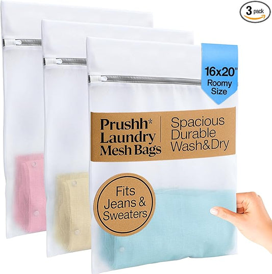 3Pc Spacious Durable Mesh Laundry Bags (16x20 Inches) Protects Delicates, Fine Mesh for Uniform Wash & Dry, Auto-Lock Zipper, Washer-Friendly, For Home, Dorm or Storage, Fits Socks to Sweaters
