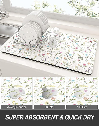 Rnivvi Dish Drying Mat for Kitchen Counter, 12 x 19" Cute Flower Theme Super Absorbent Draining Pad, Non-Slip Heat Resistant Coffee Bar Mat for Coffee Machine Station Accessories, White Dish Rack Pad