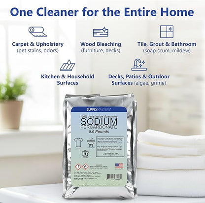 Sodium Percarbonate Powder 5 lbs – Non-Chlorine Oxygen Bleach Alternative & Stain Remover – Multi-Purpose Cleaner for Laundry, Carpets, Tile, Decks, Kitchens & Outdoor Surfaces