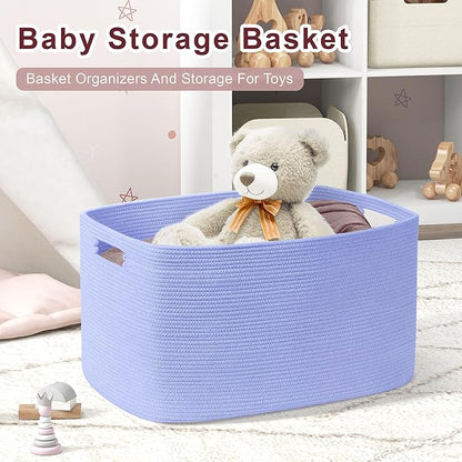86L Large Baby Girls Laundry Basket for Nursery Storage,Cute Woven cotton Rope Baskets for Kids Toy，Gifts, Boho Square Wicker Blanket hamper for Living Room,Bedroom Dirty Clothes,Blue Purple