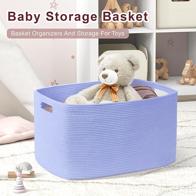 72L Large Baby Girls Laundry Basket for Nursery Storage,Cute Woven cotton Rope Baskets for Kids Toy，Gifts, Boho Square Wicker Blanket hamper for Living Room,Bedroom Dirty Clothes,Blue Purple