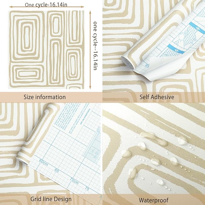GloryTik Peel and Stick Wallpaper Boho Modern Beige Contact Paper Peel and Stick Wall Paper Removable Self Adhesive Geometric Wallpaper for Bathroom Bedroom Cabinets Decor Vinyl 16.14"x78.7"