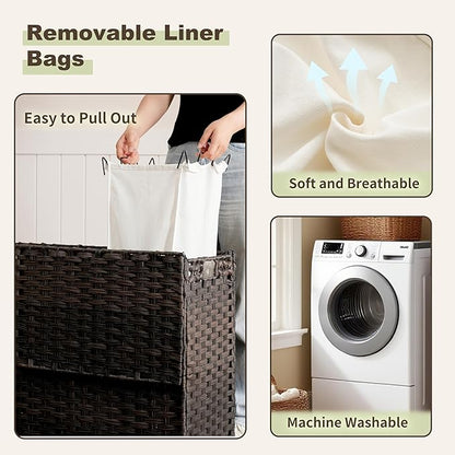 Laundry Hamper with Lid, 130L(34.4 Gal) Rattan Laundry Hamper 3 Section with 50L (13.2 Gal) Storage Shelf, Wicker Woven Laundry Sorter Basket with 4 Liner Bags and Handles, Brown GLH003BR
