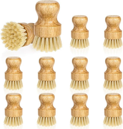 12 Packs Bamboo Dish Scrub Brush Wooden Washing Scrubbers with Sisal Bristles Kitchen Palm Pot Brush Round Mini Dish Brushes for Household Iron Pot Pan Sink Sink Vegetables Cleaning