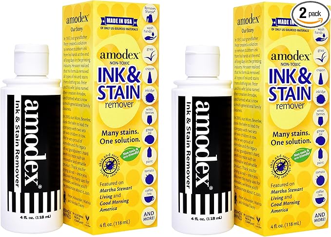 Amodex Ink & Stain Remover for Clothes, Leather and Skin - Removes Ink, Ballpoint, Sharpie, Grease and More, Works on Set-in Stains, Gentle but Powerful, 4oz/120ml Bottle (Pack of 2)