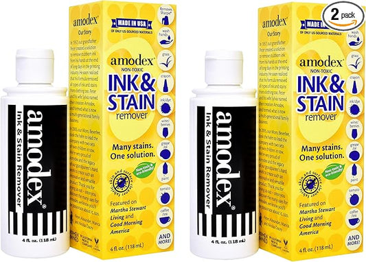 Amodex Ink & Stain Remover for Clothes, Leather and Skin - Removes Ink, Ballpoint, Sharpie, Grease and More, Works on Set-in Stains, Gentle but Powerful, 4oz/120ml Bottle (Pack of 2)