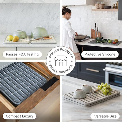 Dorai Home Dish Pad - Collapsable Stone Dish Drying Mat with Diatomaceous Earth for Quick Drying - Ultra Absorbent - Encased in Woven Silicone - Eco-Friendly, Foldable - Large 24.6" x 16.5", Slate