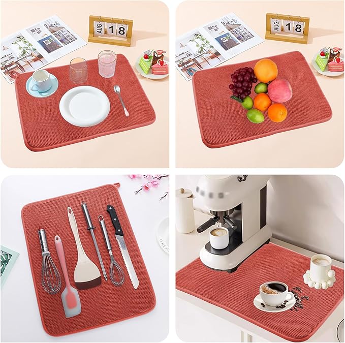 2 Pcs Microfiber Dish Drying Mats with Hanging Loop, Absorbent Dish Drying Pad, 12 x 16 Inch Dishes Drainer Pads, Washable Dish Drainer Mats for Kitchen Counter, Drainer Racks, Sinks (Red)