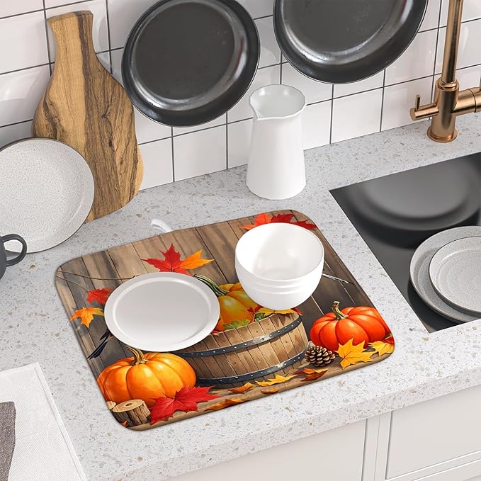 Fall Dish Drying Mat for Kitchen Counter 16x18 Autumn Pumpkin Birds Harvest Theme Thanksgiving Absorbent Reversible Microfiber Drying Mats Kitchen Countertop Protector Dishes Drainer Pad