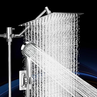 Shower Head, Rain Shower Head with Handheld Spray Combo, 10 Inch Adjustable High Pressure Rainfall Shower Head, Dual Showerhead Set with Extension Arm and 60 Inch Long Shower Hose (Silver)