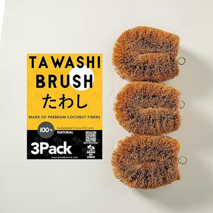 Pack of 3 Tawashi Vegetable Scrub Brush,100% Natural Coconut Coir Fiber VegetableBrush, Ideal for Fruit Scrub, Kitchen Cleaning Needs, Kamenoko Japanese Design