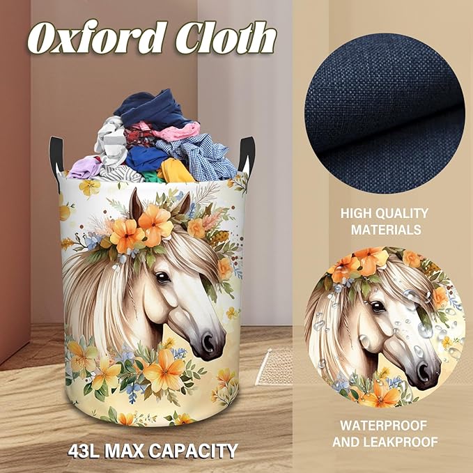 Horse Laundry Basket, 43L Round Oxford Cloth Laundry Hamper, Waterproof Collapsible Storage Organizer Bin with Handles for Toys, Nursery Home Storage, Gift for Chritsmas Thanksgiving 13.8x17.7in