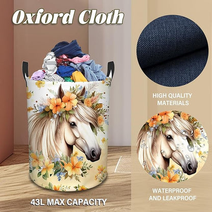 Horse Laundry Basket, 43L Round Oxford Cloth Laundry Hamper, Waterproof Collapsible Storage Organizer Bin with Handles for Toys, Nursery Home Storage, Gift for Chritsmas Thanksgiving 13.8x17.7in