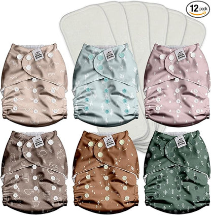 Mama Koala 3.0 Pocket Cloth Diapers for Babies with AWJ Lining, 6 Pack with 6 4-Layer Natural Cloth Diaper Inserts - Reusable and Washable Pocket Diapers(Simply Neutrals)