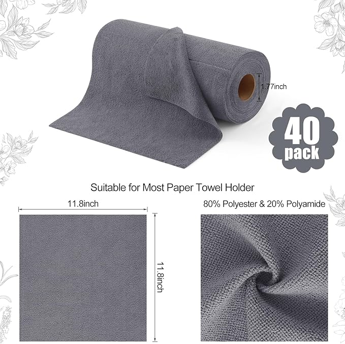 Homaxy Tear Away Dish Cloths Rolls, 40 Sheets-11.8" X 11.8", Reusable Washable Dish Towels for Kitchen, Ultra Absorbent and Quick Drying Microfiber Cleaning Rags, Grey