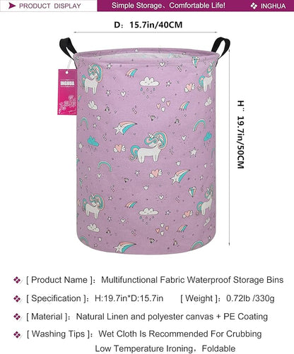 Laundry Hamper Large Canvas Fabric Lightweight Storage Basket/Toy Organizer/Dirty Clothes Collapsible Waterproof for College Dorms, Boys and Girls Bedroom,Bathroom(Unicorn)