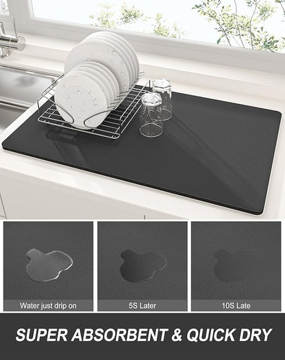 Rnivvi Dish Drying Mat for Kitchen Counter, XL 15 x 24" Super Absorbent Drainer Pad Easy Clean Dish Rack Pad, Non-Slip Heat Resistant Coffee Bar Mats for Coffee Machine Station Accessories Decor, Gray