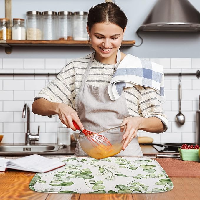 Sanwarm Absorbent Dish Drying Mat, Vintage Summer Eucalyptus Leaves Flower Microfiber Pad for Kitchen Counter, Coffee Bar Decor, Heat Resistant and Reversible, 16" x 18"