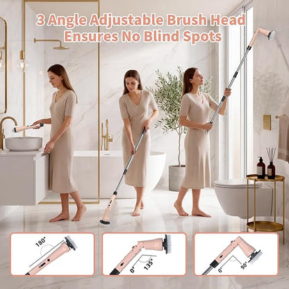 Electric Spin Scrubber, Hillyfe Bathroom Scrubber Electric with 7 Replaceable Brush Heads, IPX7 Waterproof,300/400 RPM, 3 Adjustable Length,Scrubber Brush Electric for Bathtub Floor,Pink