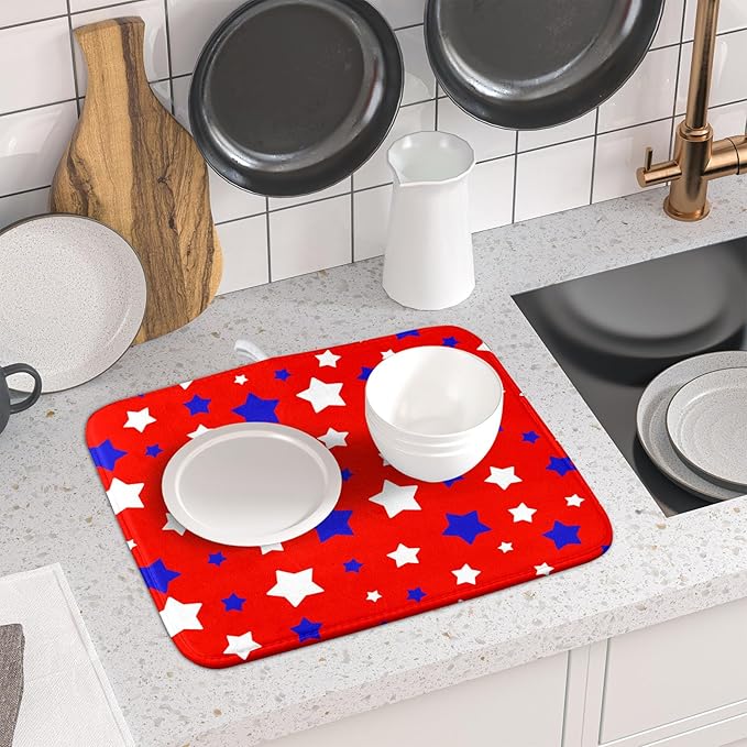 Fourth of July Independence Memorial Dish Drying Mat for Kitchen Counter,Blue White Star Patriotic Red Drying Mat 16 x 18 Inch with High Absorbent Microfiber Dish Drying Mat for Coffee Bar