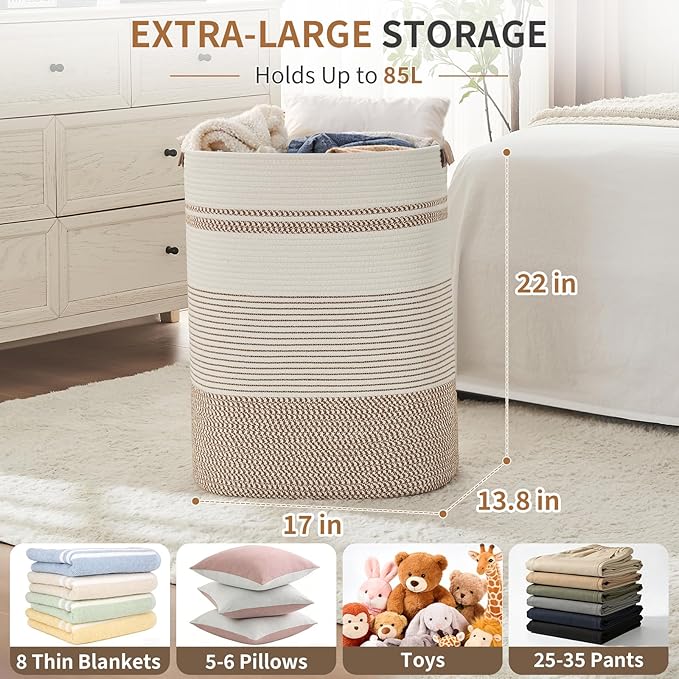 Laundry Basket with Handles - Blanket Basket & Hampers for Bedroom Aesthetic, Laundry Hamper & Blanket Storage for Living Room, Clothes Hamper, Tall, Large 17" x 14" x 22”, Brown & White