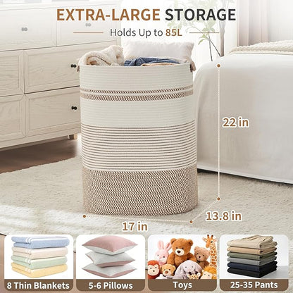 Laundry Basket with Handles - Blanket Basket & Hampers for Bedroom Aesthetic, Laundry Hamper & Blanket Storage for Living Room, Clothes Hamper, Tall, Large 17" x 14" x 22”, Brown & White