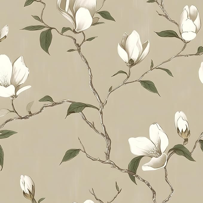 Laatse Floral Wallpaper Peel and Stick Vintage Flowers Contact Paper Waterproof Self Adhesive Removable Khaki Botanical Modern Wall Paper for Bedroom Walls Cabinet Locker 17.5" X 118"