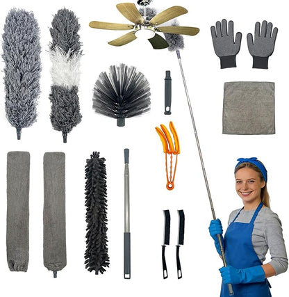 13PCS Feather Duster Kit, Microfiber Duster with Extension Pole 100 Inches, Washable & Reusable Duster for Cleaning Fans, Baseboards, Car, Walls and Floors