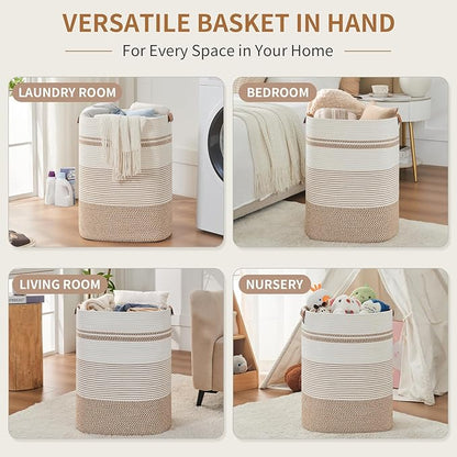 Laundry Basket with Handles - Blanket Basket & Hampers for Bedroom Aesthetic, Laundry Hamper & Blanket Storage for Living Room, Clothes Hamper, Tall, Large 17" x 14" x 22”, Brown & White