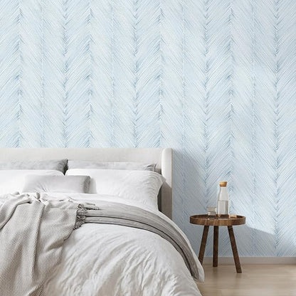 Modern Peel and Stick Wallpaper A Set of 17.3"x1200" Grey Blue Herringbone Striped Wall Paper Boho Self-Adhesive Removable Contact Paper for Cabinets Bathroom Bedroom Wall Decor