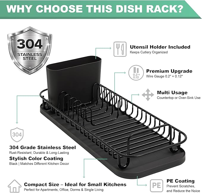 SunnyPoint 304 Stainless Steel NeverRust Compact Dish Drying Rack with Utensil Holder & Removable Drain Tray, Rustproof Small Dish Rack for Kitchen Countertop or Over Sink – Black
