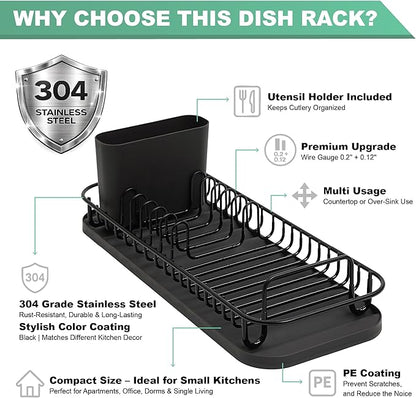 SunnyPoint 304 Stainless Steel NeverRust Compact Dish Drying Rack with Utensil Holder & Removable Drain Tray, Rustproof Small Dish Rack for Kitchen Countertop or Over Sink – Black