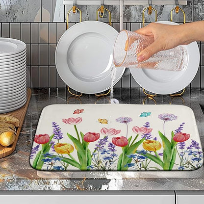 Spring Floral Dish Drying Mat Tulip Lavender Flower Dishes Pad Absorbent Microfiber Dish Draining Mat Washable Medium Dish Drainer Rack Mats for Kitchen Counter 16"x18"