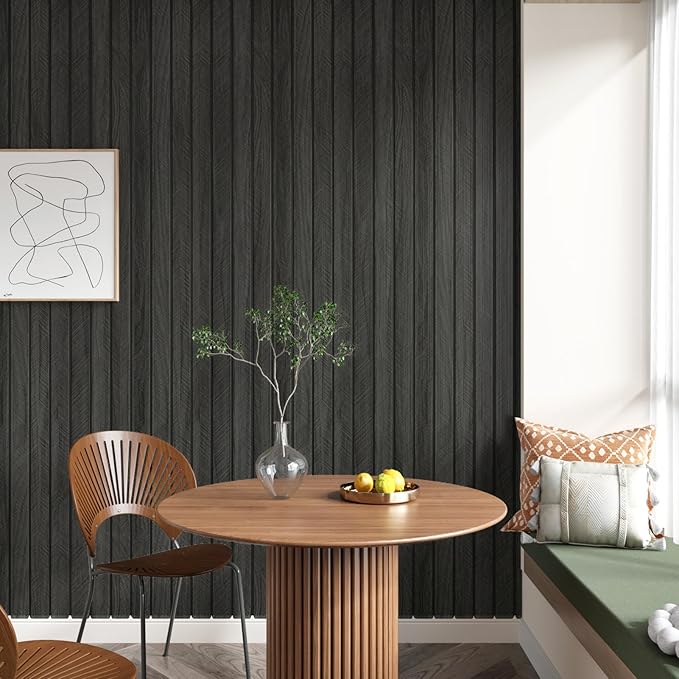 Self Adhesive Wood Slat Wall Paneling Grey/Black 3D Wood Panels for Wall Decor Soundproof Peel and Stick Wooden Grain Panel Wallpaper for Living Room Bedroom Dinner Office 11.8" x 118"