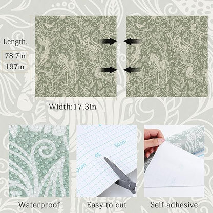 Vinjiasin Boho Safari Animal Wallpaper, Green Neutral Tone Jungle Leopard Zebra Bird Peel and Stick Wallpaper,Waterproof Contact Paper for Nursery Bedroom Living Room Home Decor 17.7" x 78.7"