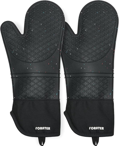 Extra Long Silicone Oven Mitts - Heat Resistant up to 500°F, 15'' Waterproof and Non-Slip Oven Gloves with Soft Quilted Liner - Perfect for BBQ, Cooking, Baking, and Grilling - 1 Pair, Black