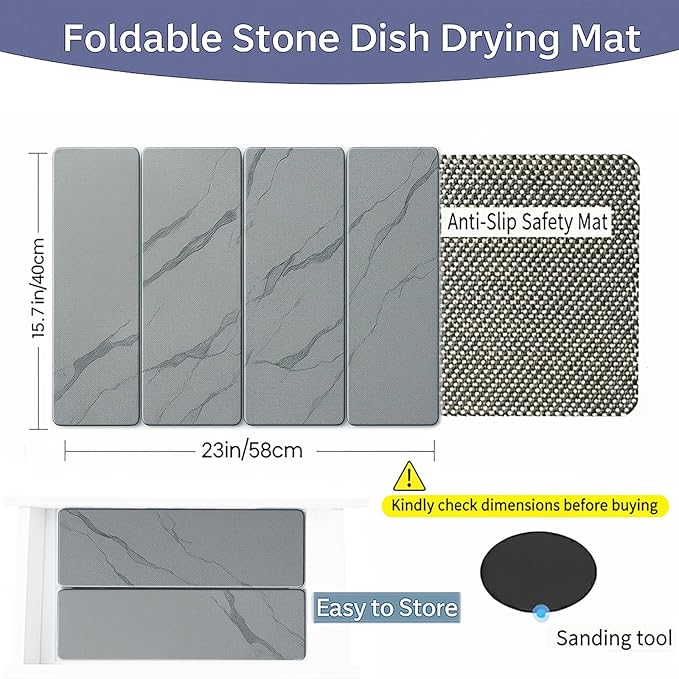 Large 4-Panel Stone Drying Mat for Kitchen Counter, 24"×16" , Foldable Diatomaceous Earth Dish Drying Mat, Quick-Dry ,Premium PU Leather Backing, Non-Slip, Kitchen Essentials