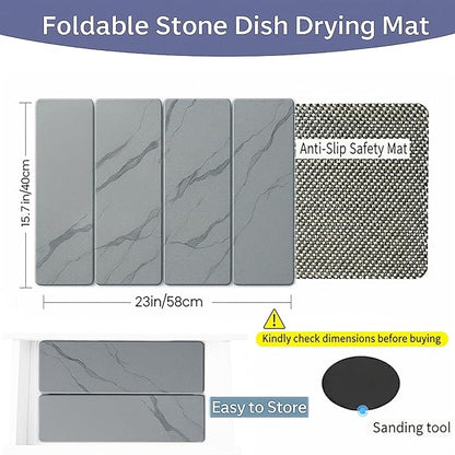 Large 4-Panel Stone Drying Mat for Kitchen Counter, 24"×16" , Foldable Diatomaceous Earth Dish Drying Mat, Quick-Dry ,Premium PU Leather Backing, Non-Slip, Kitchen Essentials