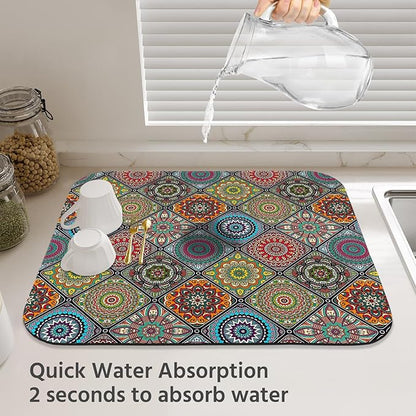 Dish Drying Mat for Kitchen Counter 18x24 Inch, Super Absorbent Dish Drainer Mat, Decorative Microfiber Dishes Drying Pad-Large(Plaid Boho)