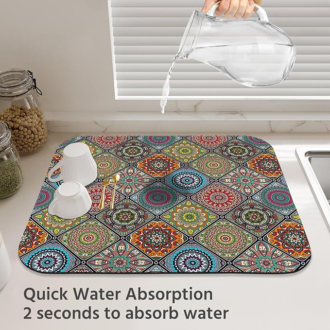 Dish Drying Mat for Kitchen Counter 16x18 Inch, Super Absorbent Dish Drainer Mat, Decorative Microfiber Dishes Drying Pad-Small(Plaid Boho)