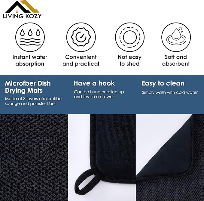 Dish Drying Mat, Microfiber Ultra-Absorbent Kitchen Counter Mat, Ideal Dish Drying Pad for Dishes, Utensils, Pots, and Pans, Black, Large - 15"x20" (50x38cm).